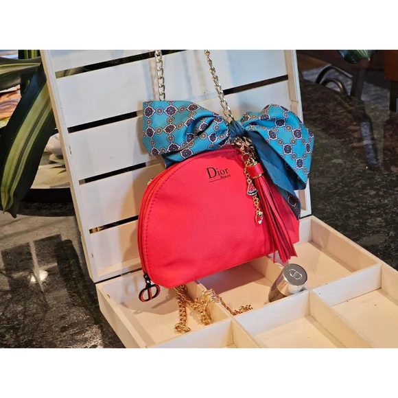 Christian Dior Red Clutch w/Crossbody Chain, Charms & Twilly Added NWOT + brush - Picture 10 of 13